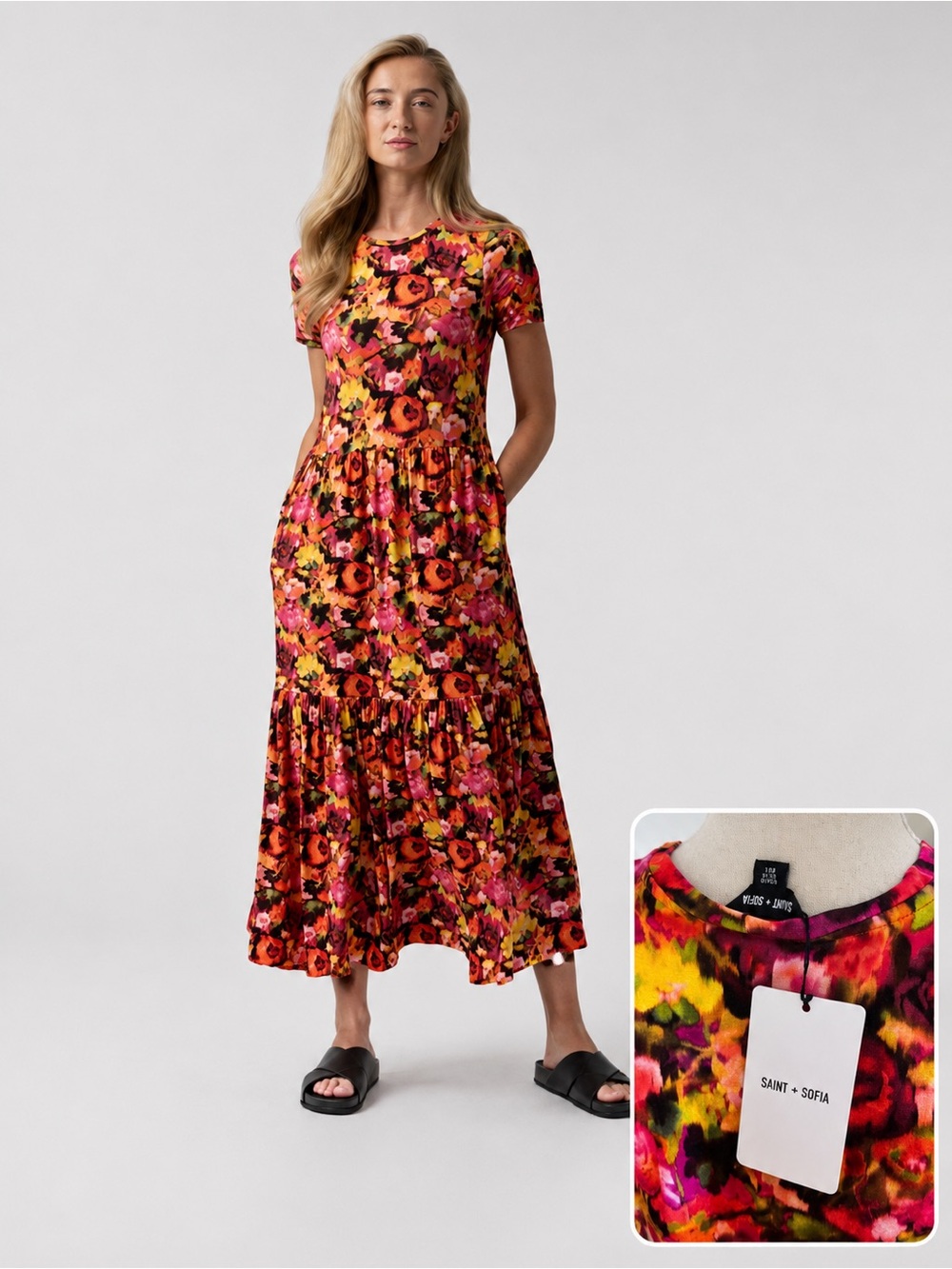Saint + Sofia Floral Maxi Dress L Greenwich Bright Bold NWT‎
